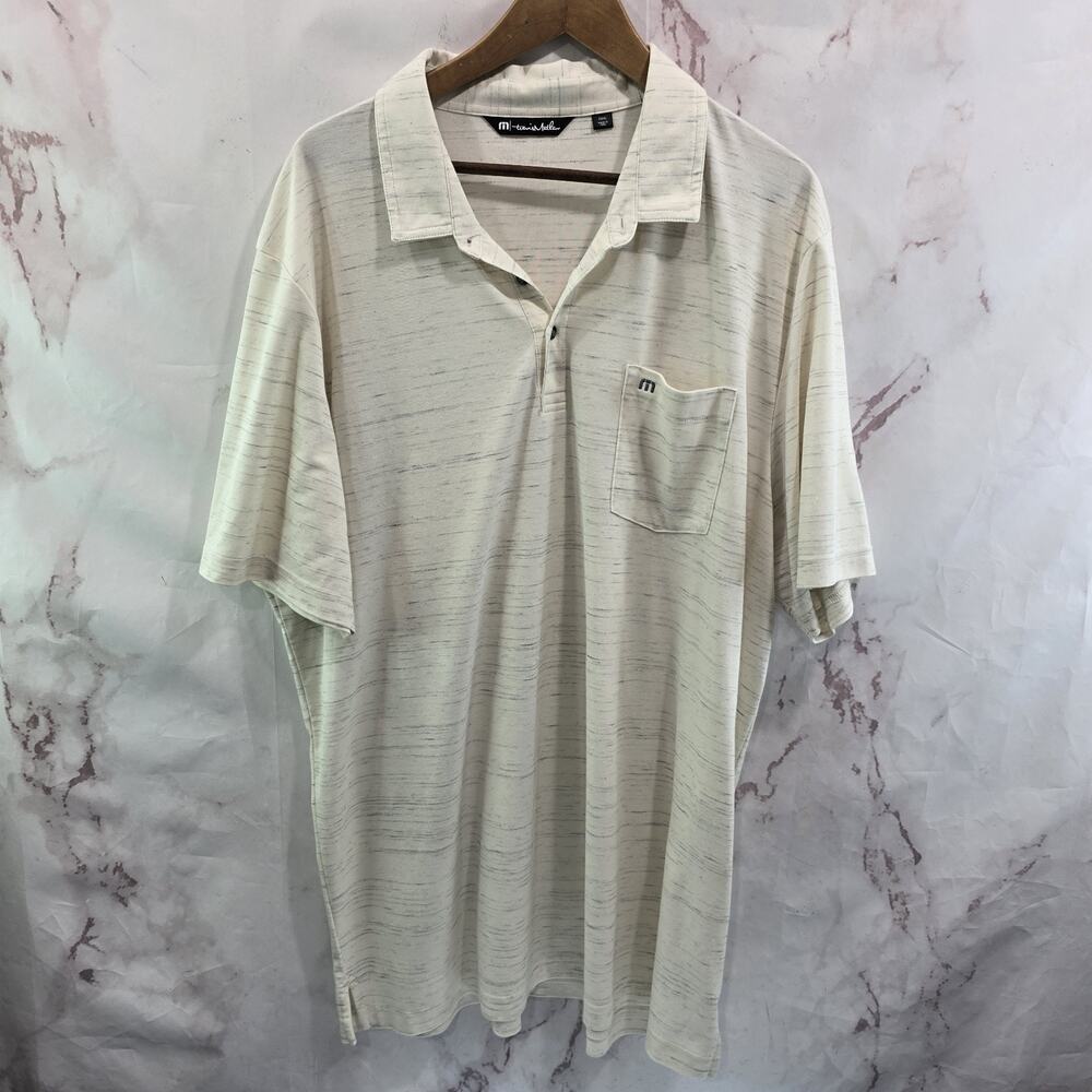 Travis Mathew Shirt Mens 3XL Beige Cream Polo Stripe Short Sleeve Pima Cotton